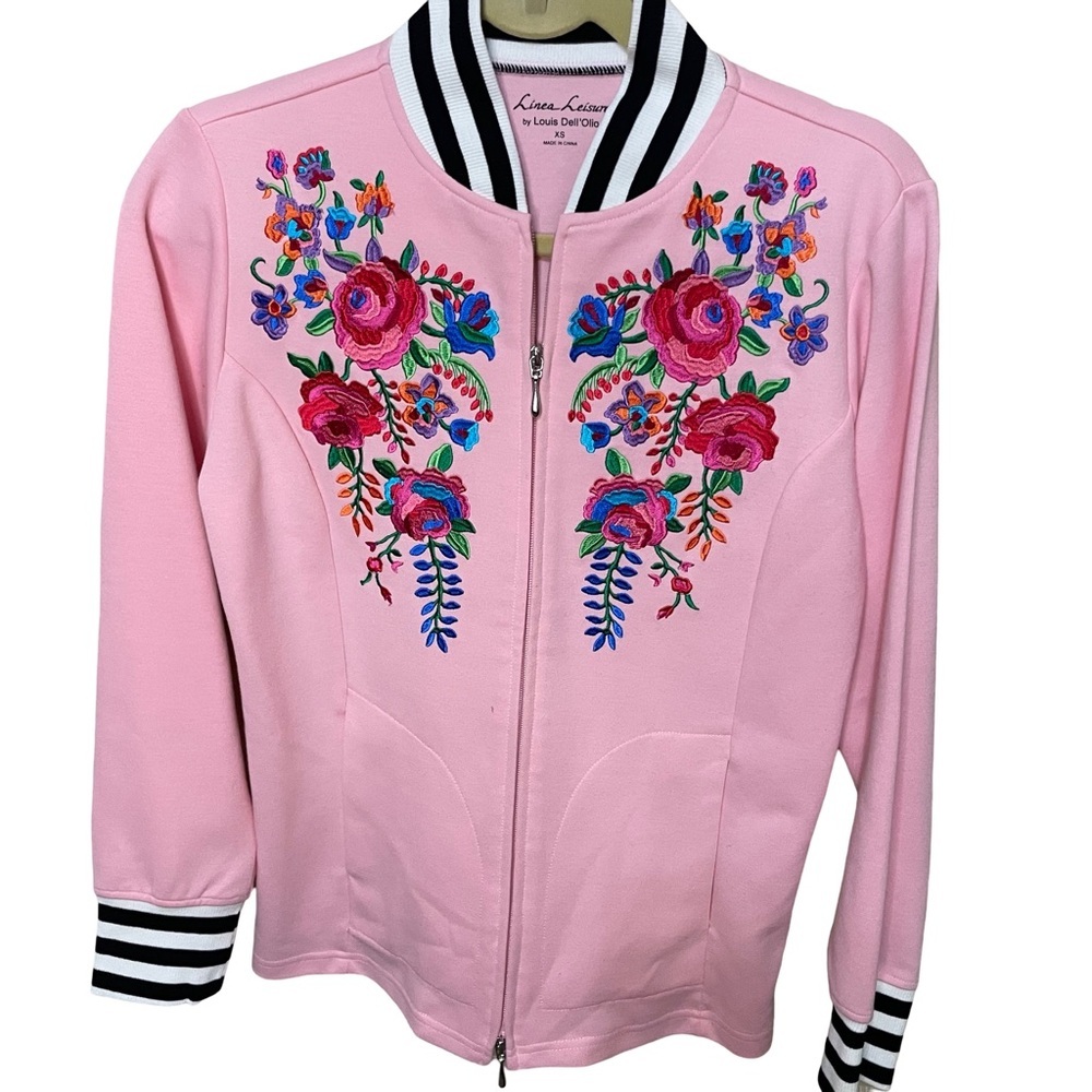 linea by louis dell'olio Embroidered Pink Zip Up Hoodie Sweater - Picture 1 of 8